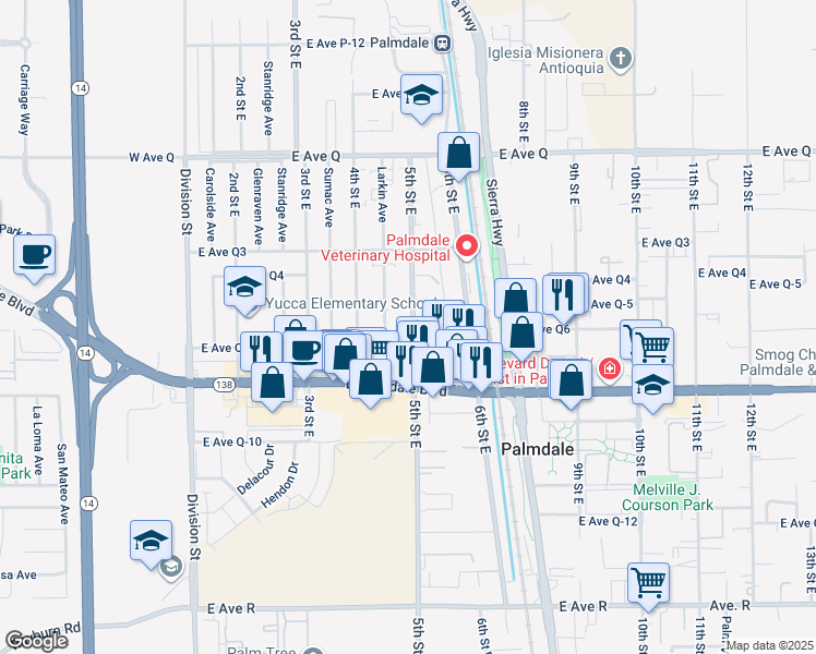 map of restaurants, bars, coffee shops, grocery stores, and more near 38503 5th Street East in Palmdale