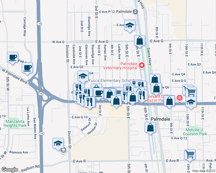 map of restaurants, bars, coffee shops, grocery stores, and more near 38454 Sumac Avenue in Palmdale