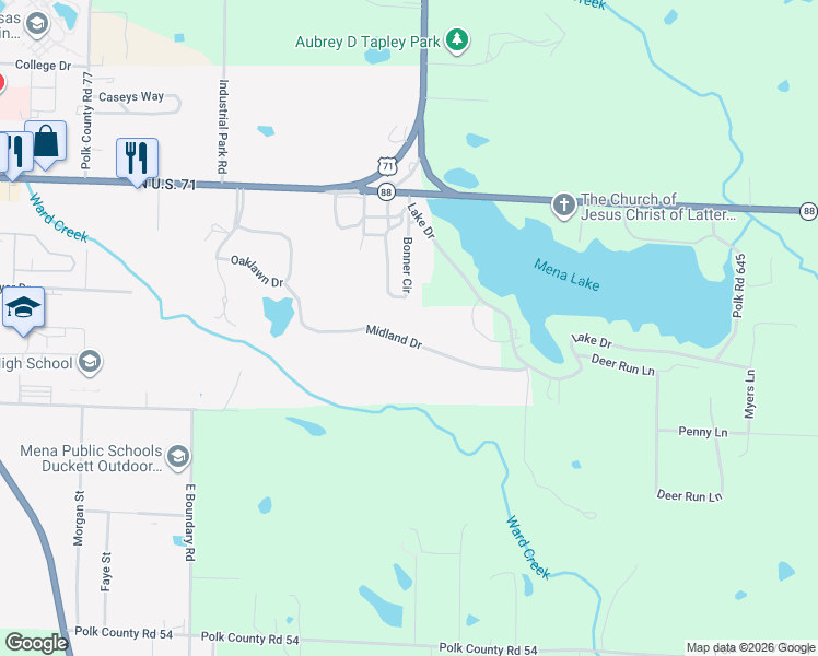 map of restaurants, bars, coffee shops, grocery stores, and more near 2504 Midland Drive in Mena