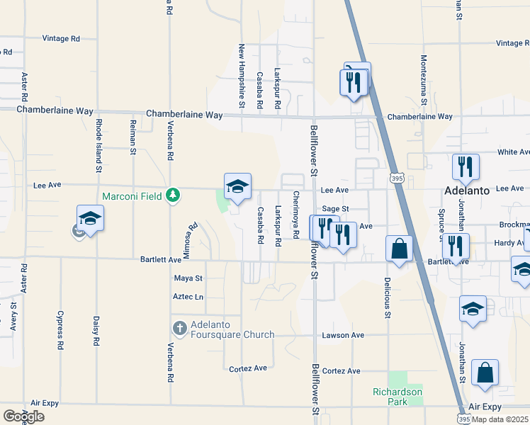 map of restaurants, bars, coffee shops, grocery stores, and more near 18225 Casaba Road in Adelanto