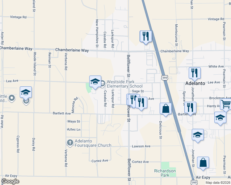 map of restaurants, bars, coffee shops, grocery stores, and more near 18200 Cherimoya Road in Adelanto