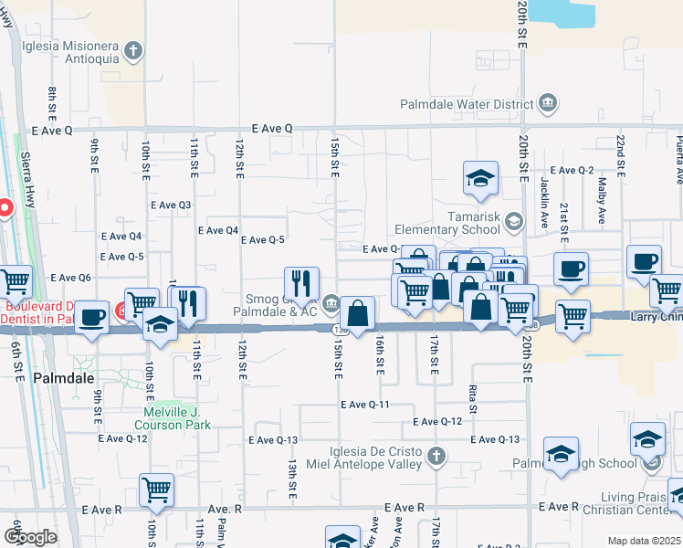 map of restaurants, bars, coffee shops, grocery stores, and more near 1514 East Avenue Q6 in Palmdale