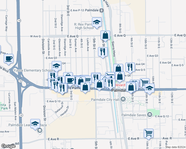 map of restaurants, bars, coffee shops, grocery stores, and more near 38444 5th Street East in Palmdale