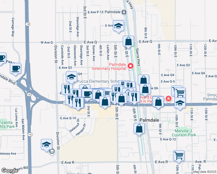 map of restaurants, bars, coffee shops, grocery stores, and more near 433 East Avenue Q-7 in Palmdale
