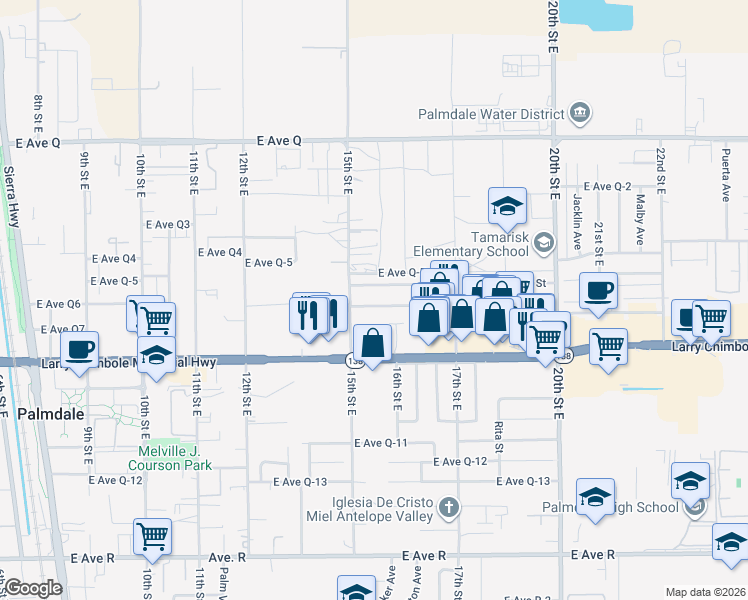 map of restaurants, bars, coffee shops, grocery stores, and more near 1529 East Avenue Q6 in Palmdale