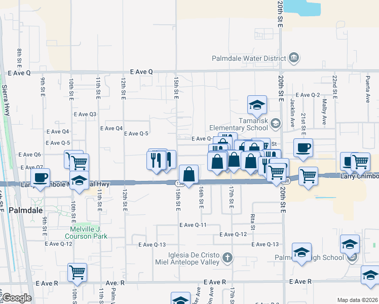 map of restaurants, bars, coffee shops, grocery stores, and more near 1529 East Avenue Q-6 in Palmdale