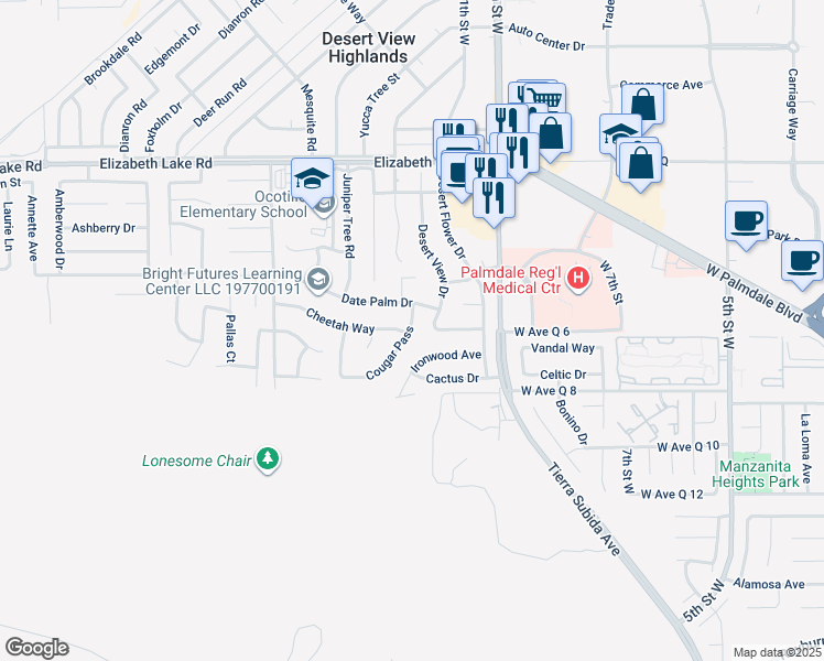 map of restaurants, bars, coffee shops, grocery stores, and more near 38598 Cougar Pass in Palmdale