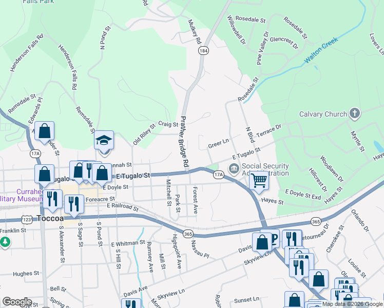 map of restaurants, bars, coffee shops, grocery stores, and more near 44 Green Hill Place in Toccoa