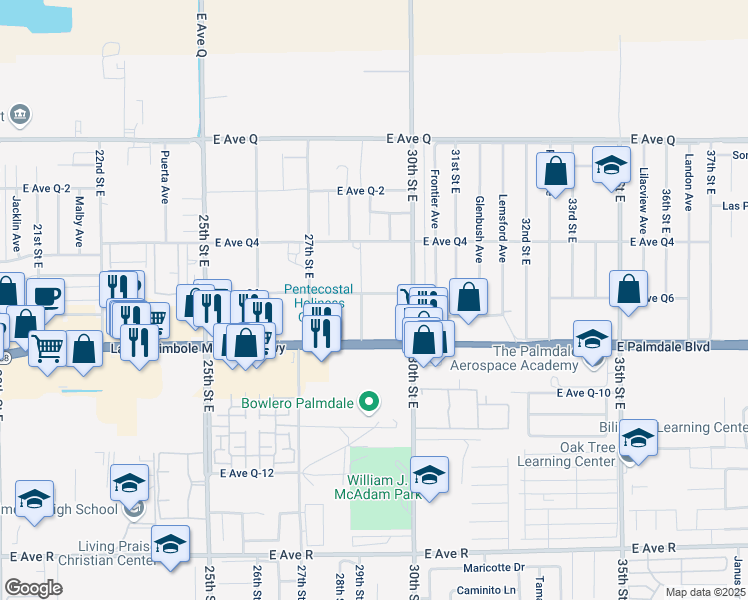 map of restaurants, bars, coffee shops, grocery stores, and more near 2820 East Avenue Q6 in Palmdale