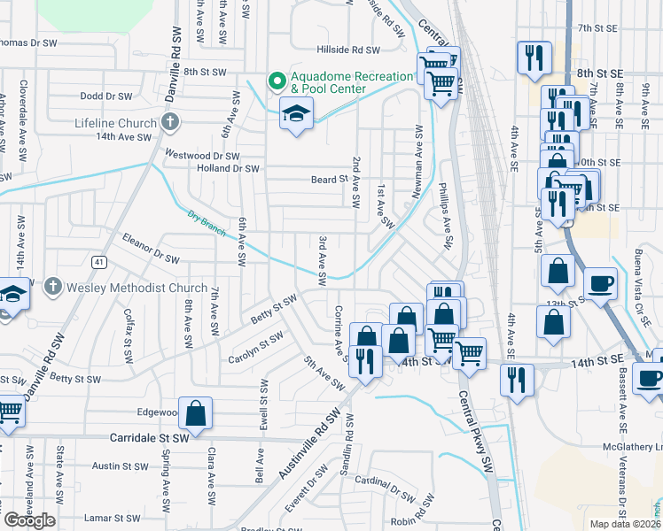 map of restaurants, bars, coffee shops, grocery stores, and more near 1603 3rd Avenue Southwest in Decatur
