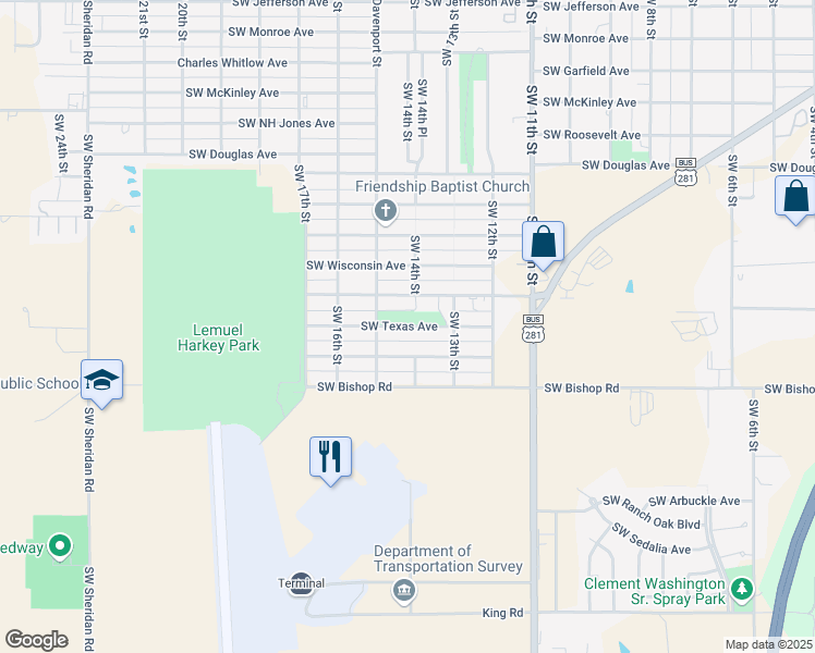 map of restaurants, bars, coffee shops, grocery stores, and more near 1332 Southwest Tennessee Avenue in Lawton