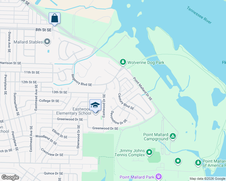 map of restaurants, bars, coffee shops, grocery stores, and more near 1602 Eastwood Drive Southeast in Decatur