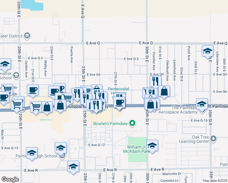 map of restaurants, bars, coffee shops, grocery stores, and more near 38455 27th Street East in Palmdale