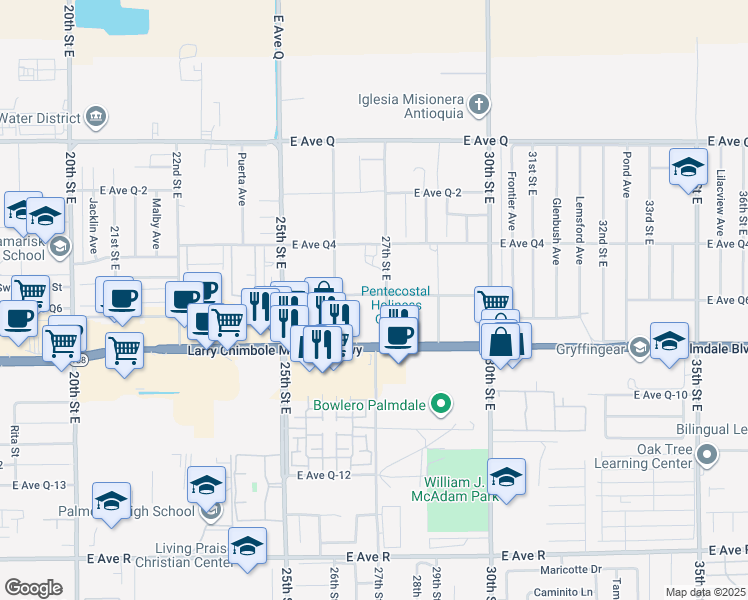 map of restaurants, bars, coffee shops, grocery stores, and more near 38455 27th Street East in Palmdale