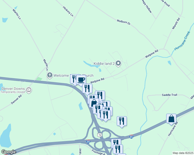 map of restaurants, bars, coffee shops, grocery stores, and more near 117 Welpine Road in Pendleton