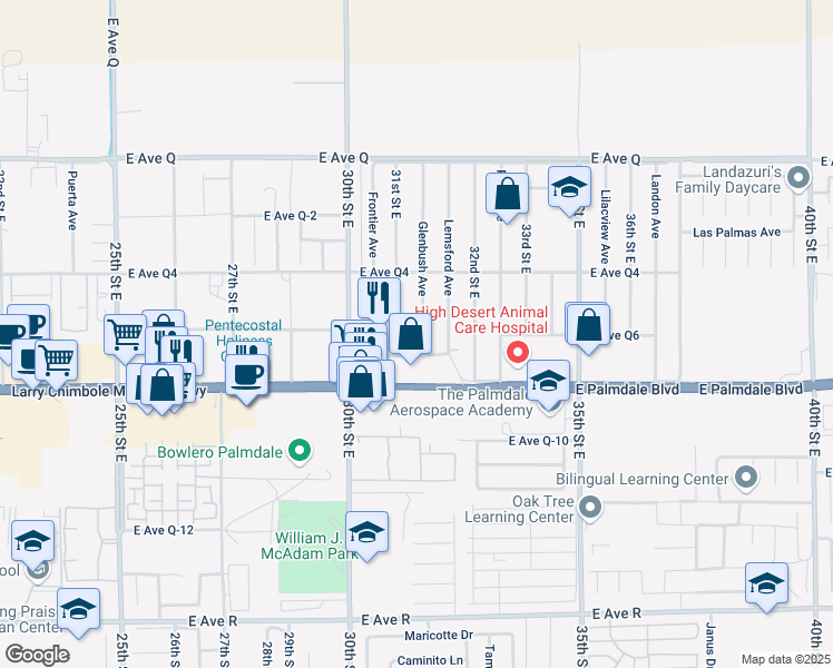 map of restaurants, bars, coffee shops, grocery stores, and more near 38457 Glenbush Avenue in Palmdale