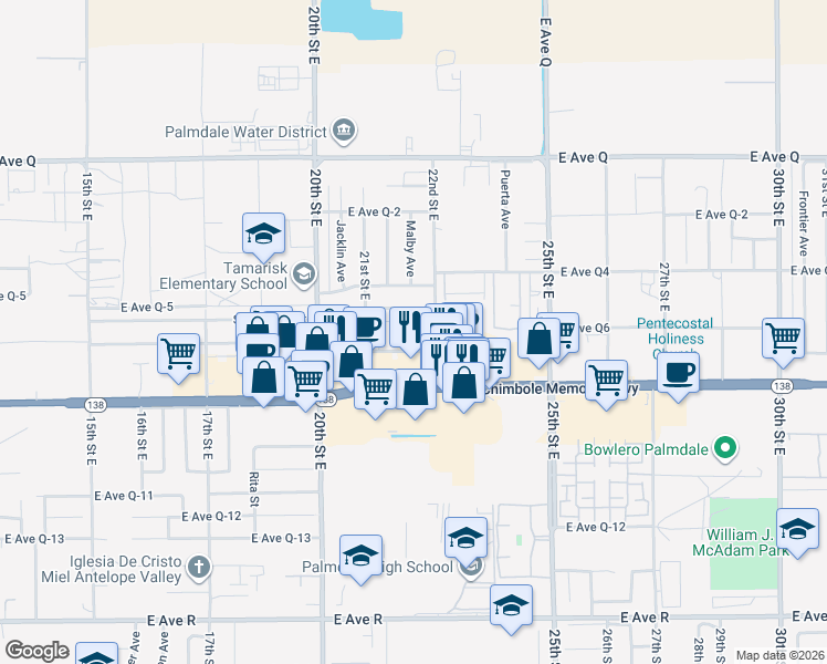 map of restaurants, bars, coffee shops, grocery stores, and more near 2135 East Avenue Q 6 in Palmdale