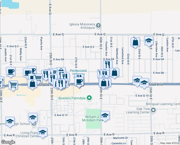 map of restaurants, bars, coffee shops, grocery stores, and more near 2820 East Avenue Q6 in Palmdale