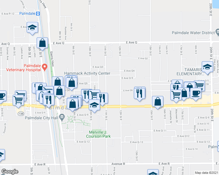 map of restaurants, bars, coffee shops, grocery stores, and more near 38527 12th Street East in Palmdale