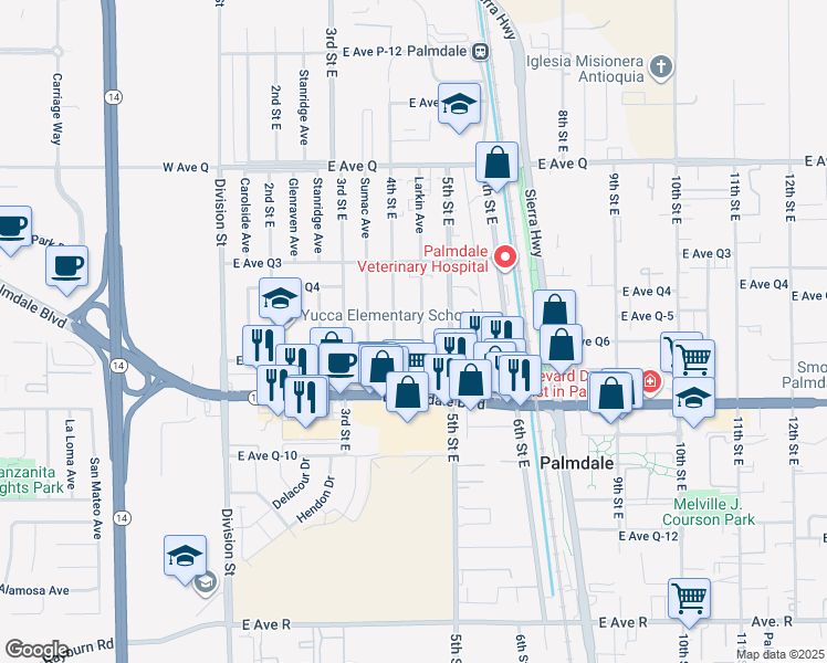 map of restaurants, bars, coffee shops, grocery stores, and more near 38515 Larkin Avenue in Palmdale
