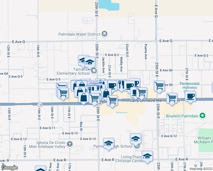 map of restaurants, bars, coffee shops, grocery stores, and more near 2019 Sweetbrier Street in Palmdale