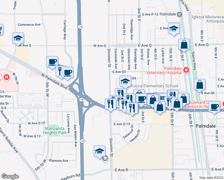 map of restaurants, bars, coffee shops, grocery stores, and more near 38470 Division Street in Palmdale