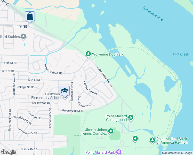 map of restaurants, bars, coffee shops, grocery stores, and more near 1529 River Bend Place Southeast in Decatur