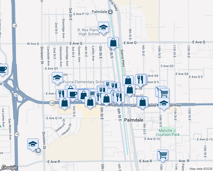 map of restaurants, bars, coffee shops, grocery stores, and more near 521 East Avenue Q 6 in Palmdale