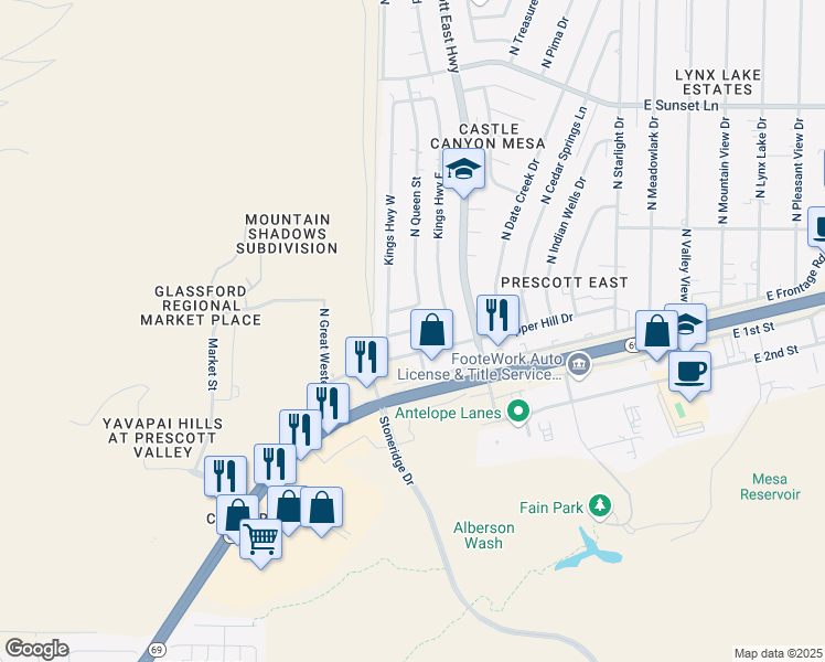map of restaurants, bars, coffee shops, grocery stores, and more near 2769 North Queen Street in Prescott Valley
