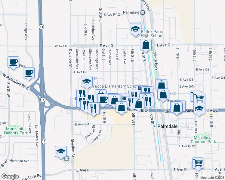 map of restaurants, bars, coffee shops, grocery stores, and more near 38466 Sumac Avenue in Palmdale