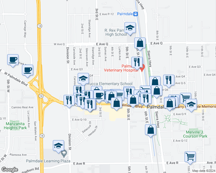 map of restaurants, bars, coffee shops, grocery stores, and more near 38466 Sumac Avenue in Palmdale