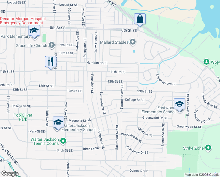 map of restaurants, bars, coffee shops, grocery stores, and more near 2207 12th Street Southeast in Decatur