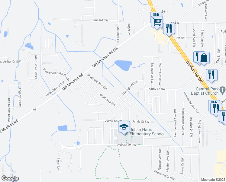 map of restaurants, bars, coffee shops, grocery stores, and more near 1412 Brookline Avenue Southwest in Decatur