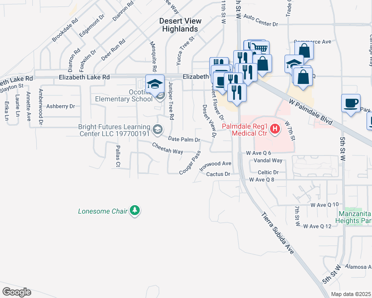 map of restaurants, bars, coffee shops, grocery stores, and more near 1217 Cheetah Way in Palmdale
