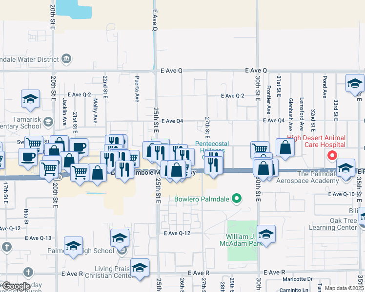 map of restaurants, bars, coffee shops, grocery stores, and more near in Palmdale