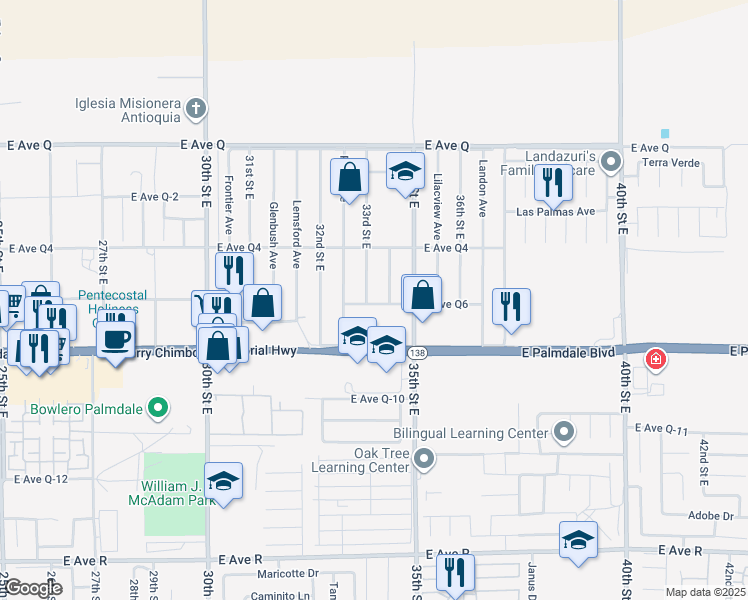 map of restaurants, bars, coffee shops, grocery stores, and more near 3305 East Avenue Q6 in Palmdale