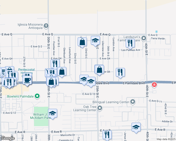 map of restaurants, bars, coffee shops, grocery stores, and more near 3305 East Avenue Q6 in Palmdale