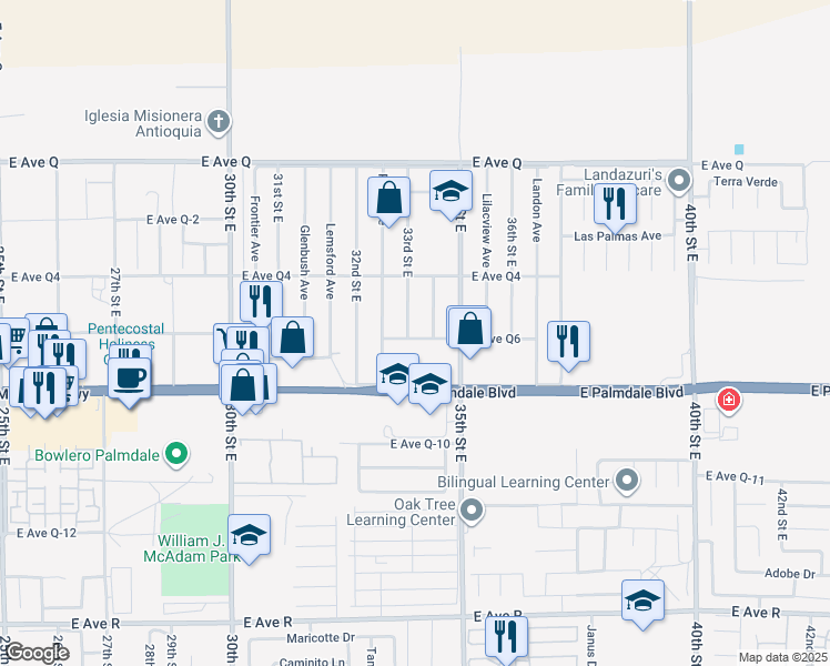 map of restaurants, bars, coffee shops, grocery stores, and more near 3305 East Avenue Q6 in Palmdale