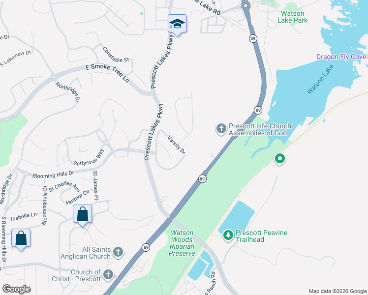 map of restaurants, bars, coffee shops, grocery stores, and more near 1391 Prescott Lakes Parkway in Prescott