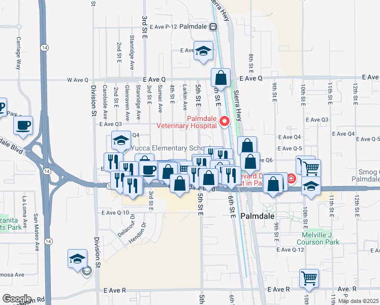 map of restaurants, bars, coffee shops, grocery stores, and more near 38478 Larkin Avenue in Palmdale