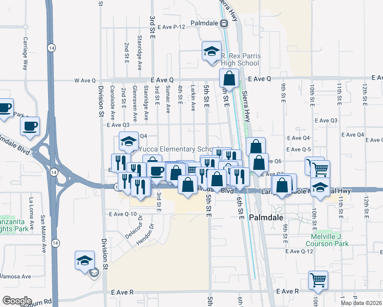 map of restaurants, bars, coffee shops, grocery stores, and more near 38501 Larkin Avenue in Palmdale