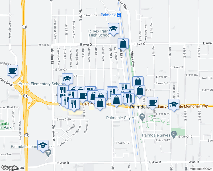 map of restaurants, bars, coffee shops, grocery stores, and more near 38515 Larkin Avenue in Palmdale