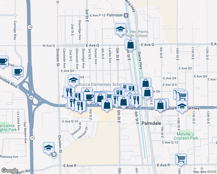 map of restaurants, bars, coffee shops, grocery stores, and more near 38515 Larkin Avenue in Palmdale