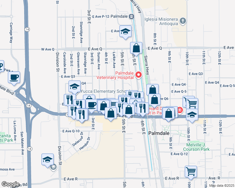 map of restaurants, bars, coffee shops, grocery stores, and more near 38478 Larkin Avenue in Palmdale