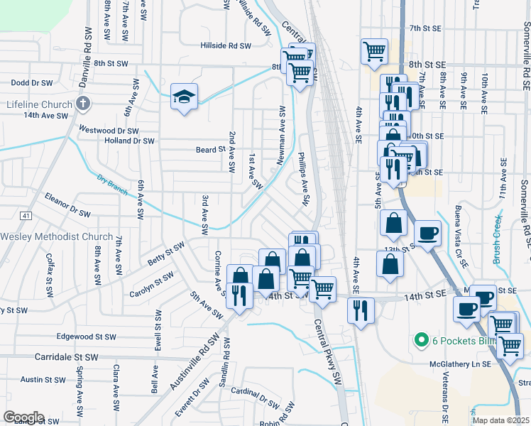 map of restaurants, bars, coffee shops, grocery stores, and more near 120 Raymond Street Southwest in Decatur