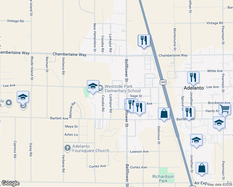 map of restaurants, bars, coffee shops, grocery stores, and more near 11207 Lee Avenue in Adelanto