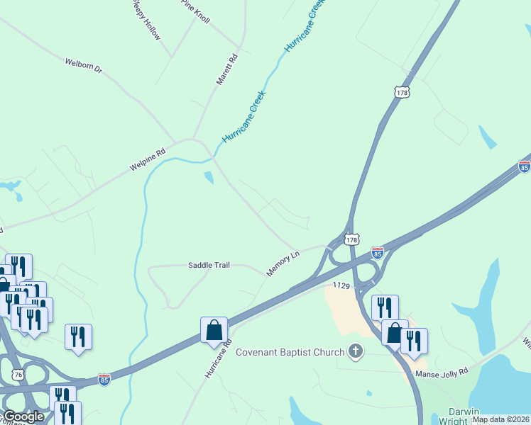 map of restaurants, bars, coffee shops, grocery stores, and more near 607 Welpine Road in Pendleton