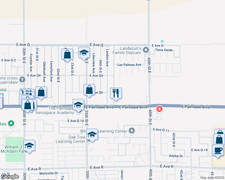 map of restaurants, bars, coffee shops, grocery stores, and more near 38463 37th Street East in Palmdale
