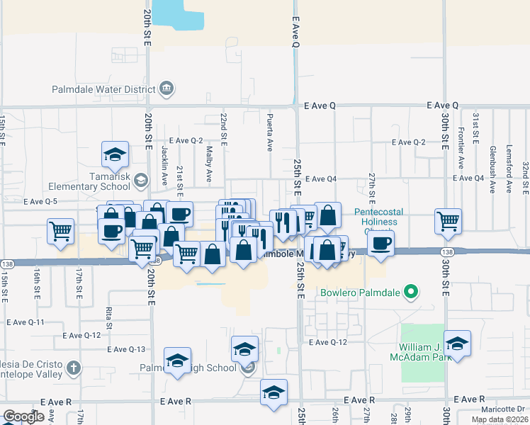 map of restaurants, bars, coffee shops, grocery stores, and more near 2320 East Avenue Q-4 in Palmdale