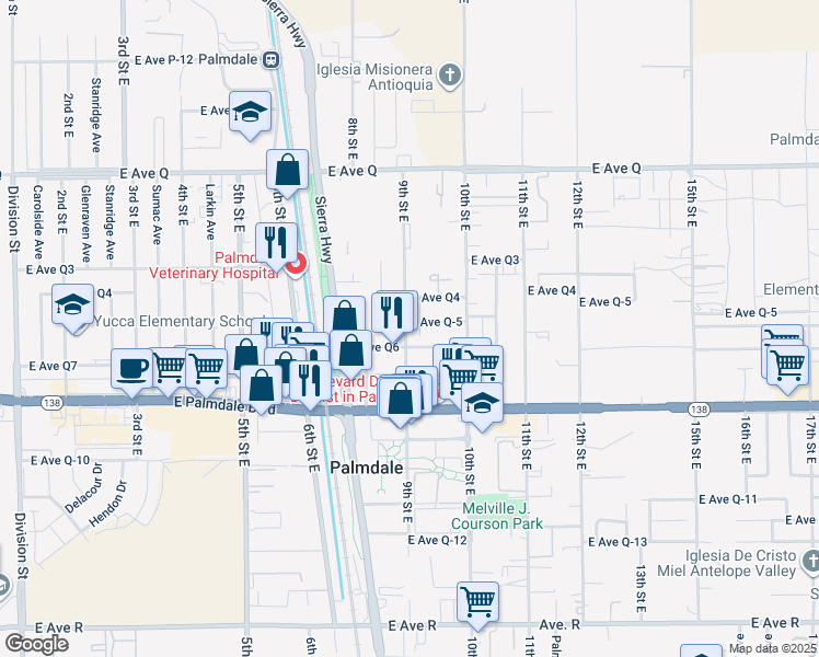 map of restaurants, bars, coffee shops, grocery stores, and more near 12th Street East in Palmdale